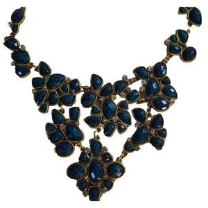 Statement Chunky Bib Necklace‎ Teal Blue Gem Gold Tone Collar
